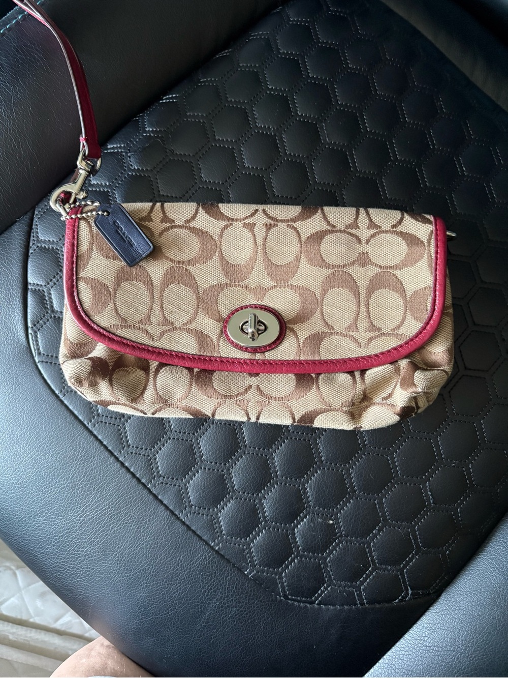 Coach Tan Signature Canvas Wristlet with Red Trim
